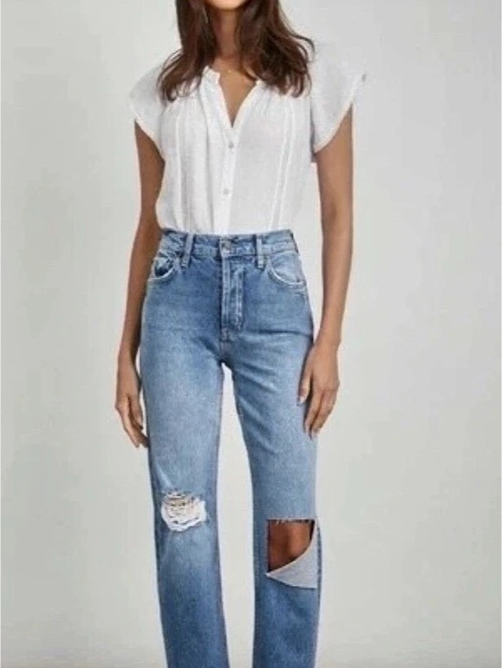 Rails The Topanga High Rise Straight Jeans, Light Wash, Ripped Knees, Raw Hem 25